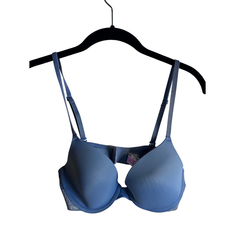 PINK Victoria's Secret T-Shirt Bra 34B Blue Silver Glitter Logo Women